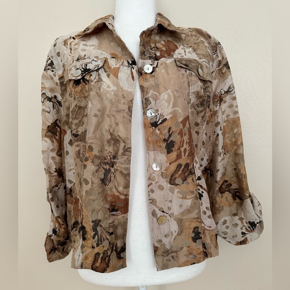 Ruby Road Floral Button Front Jacket Adjustable Sleeves Breast Pockets Sheer